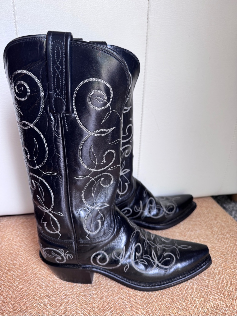 Lucchese Black Leather Western Embroidered Heeled Boots